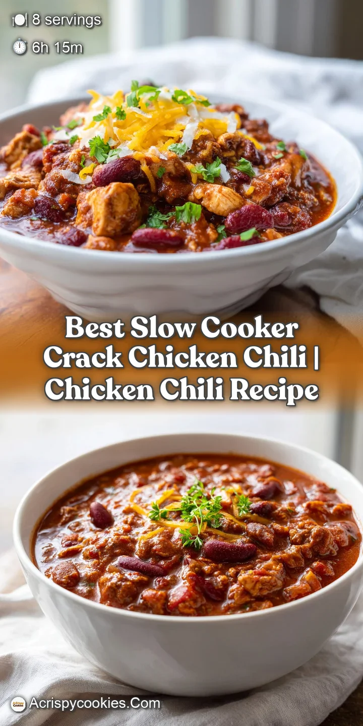 Close-up of tender shredded chicken nestled in a rich, deep-red chili with visible corn kernels and melted cheese.