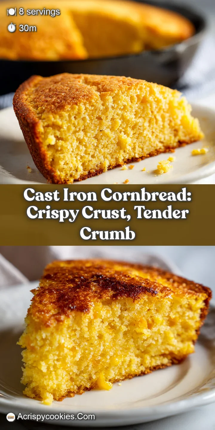 Warm, buttery cornbread close-up, showing the delicate texture and golden-brown crust baking in a cast iron skillet.