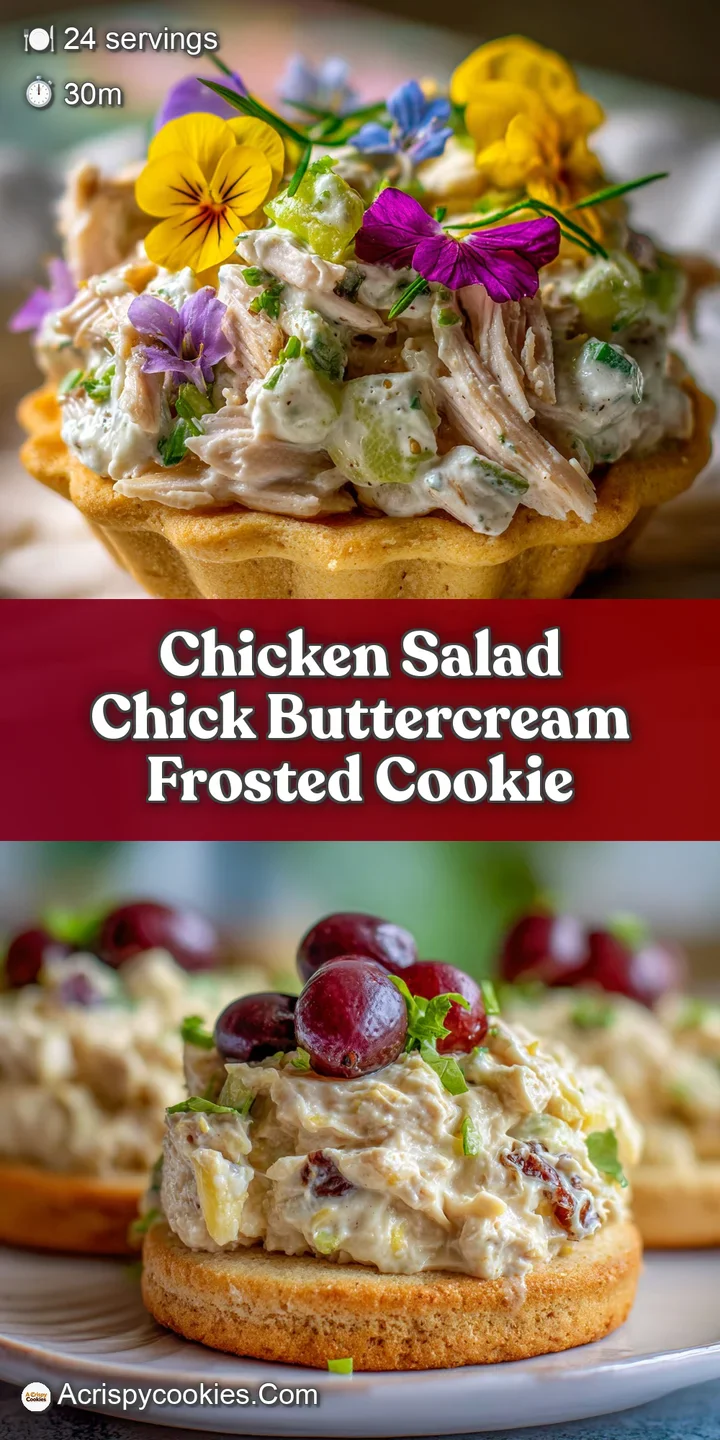 Close-up of a chicken salad chick cookie revealing soft, chewy texture. Golden brown with melted chocolate chips for added...