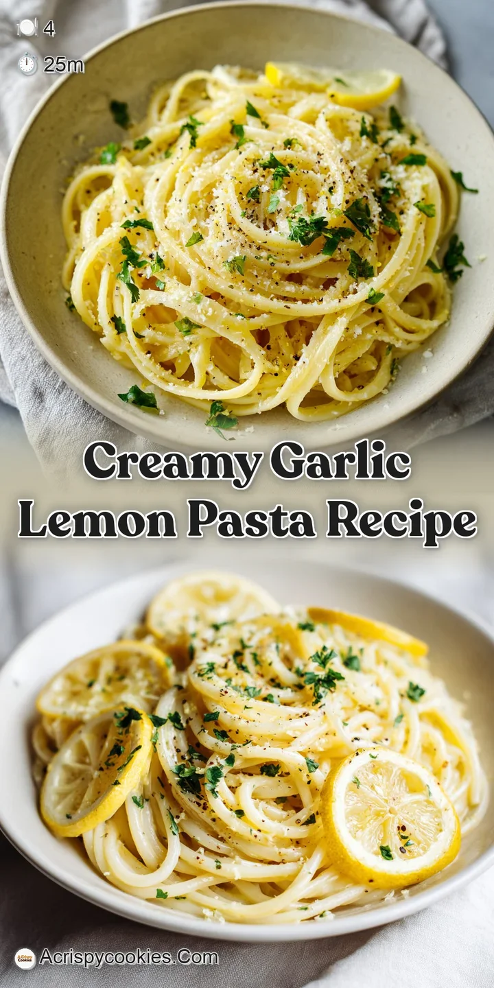 Close-up of luscious, creamy pasta strands coated in a rich garlic lemon sauce. Freshly cracked pepper and bright green pa...