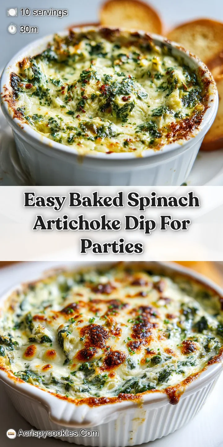 Close-up of hot spinach artichoke dip with melted cheese and visible spinach and artichoke hearts. Golden brown crust peek...