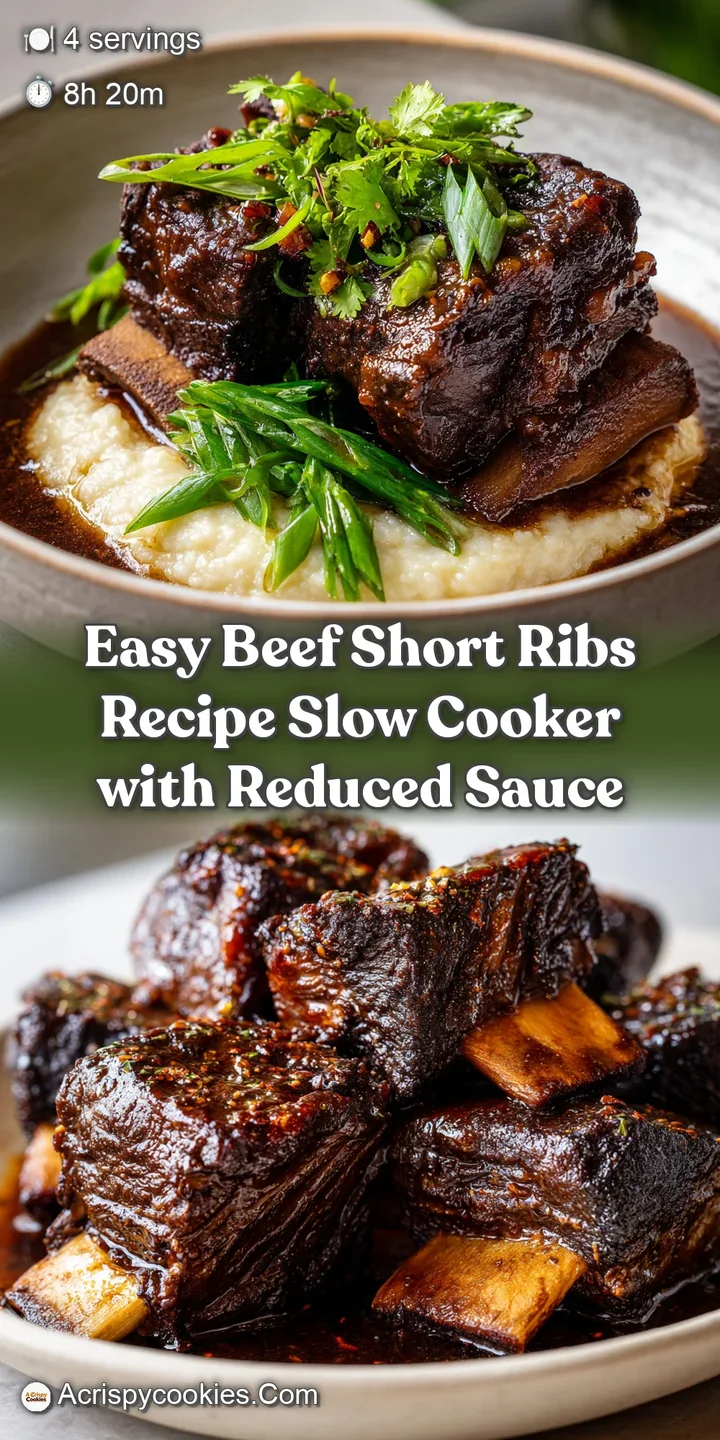 Close-up of tender, fall-off-the-bone beef short rib, showcasing its juicy texture and deep, caramelized crust, bathed in ...