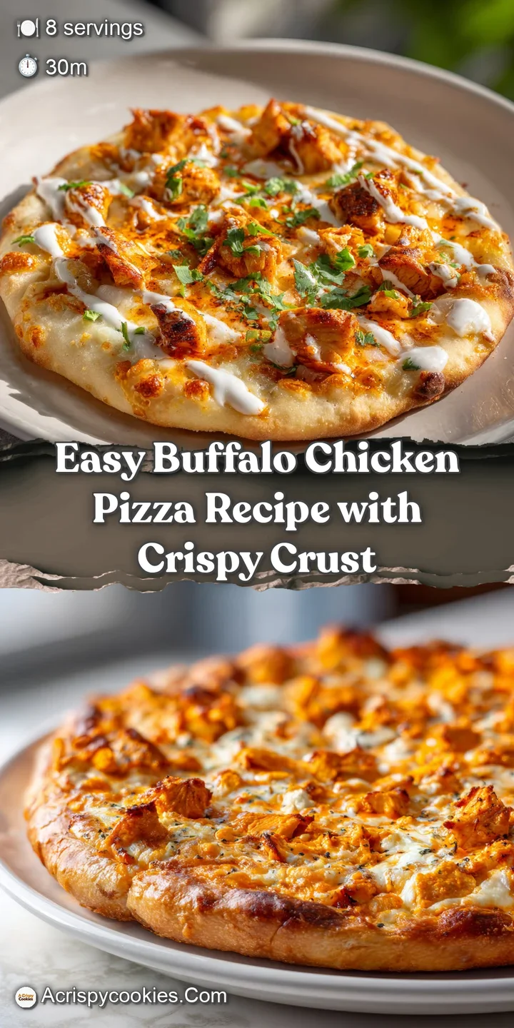 Close-up showcasing the bubbly cheese, juicy chicken, and vibrant orange buffalo sauce of a delicious buffalo chicken pizz...
