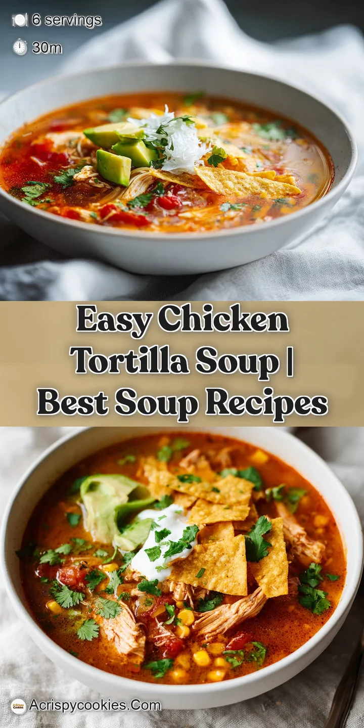 Close-up of hearty chicken tortilla soup, showcasing colorful bell peppers, beans, and savory broth.