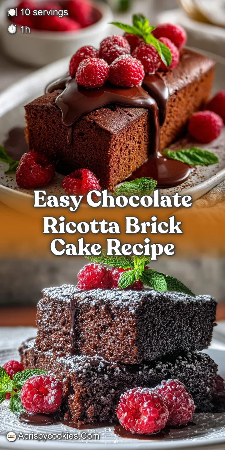 Close-up of a fudgy chocolate ricotta brick cake, highlighting the dense crumb and rich, dark chocolate color, inviting a ...