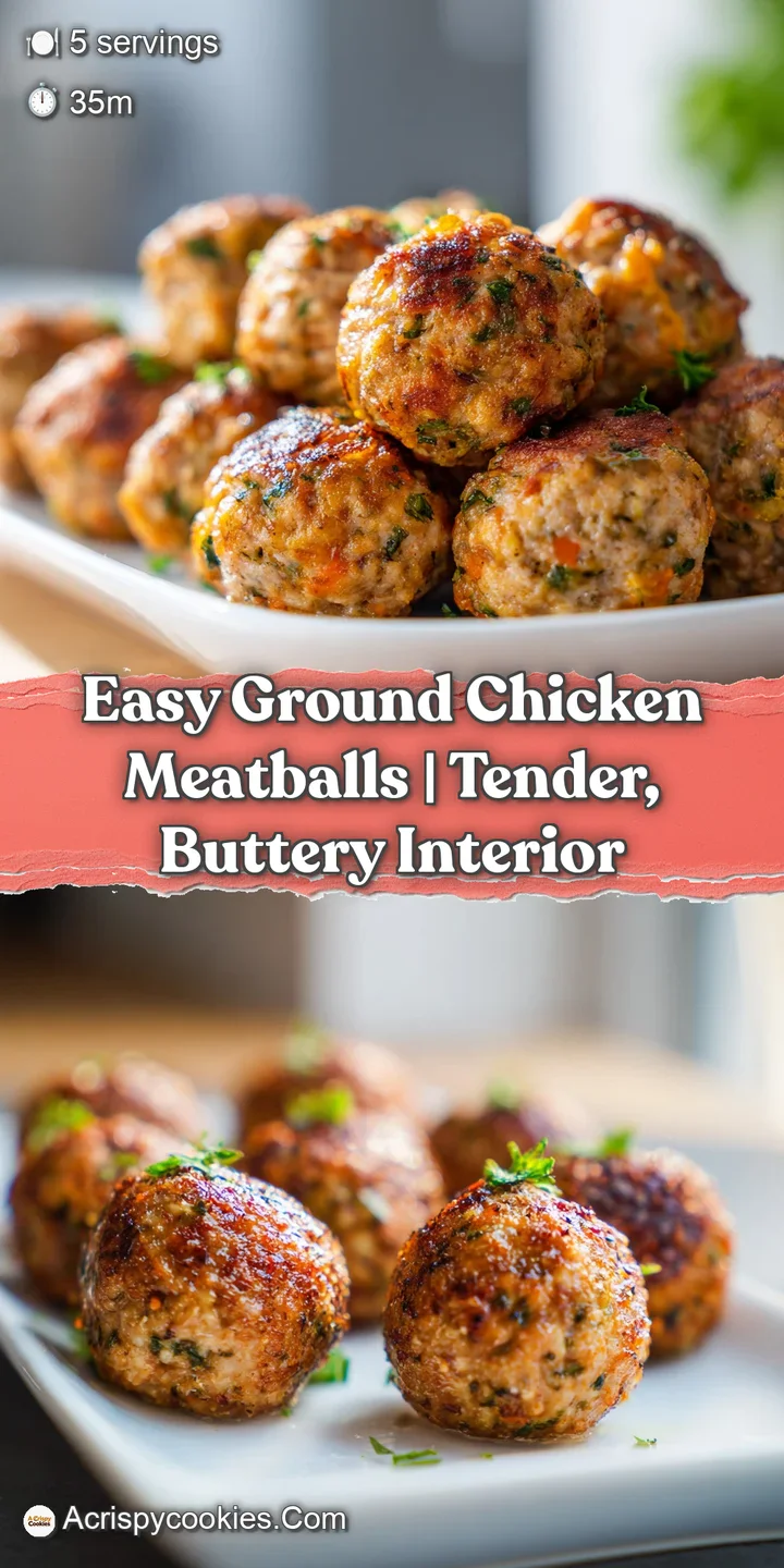 Close-up of savory ground chicken meatballs coated in a vibrant, simmering tomato sauce with flecks of herbs and spices.