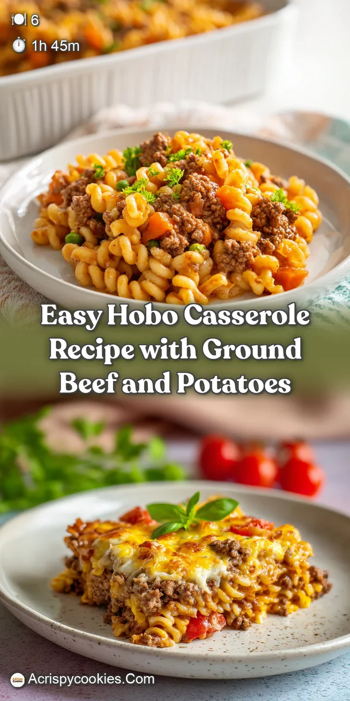 Close-up shot of hobo casserole: savory ground beef nestled among soft potatoes, with a glistening sheen and a hint of pep...