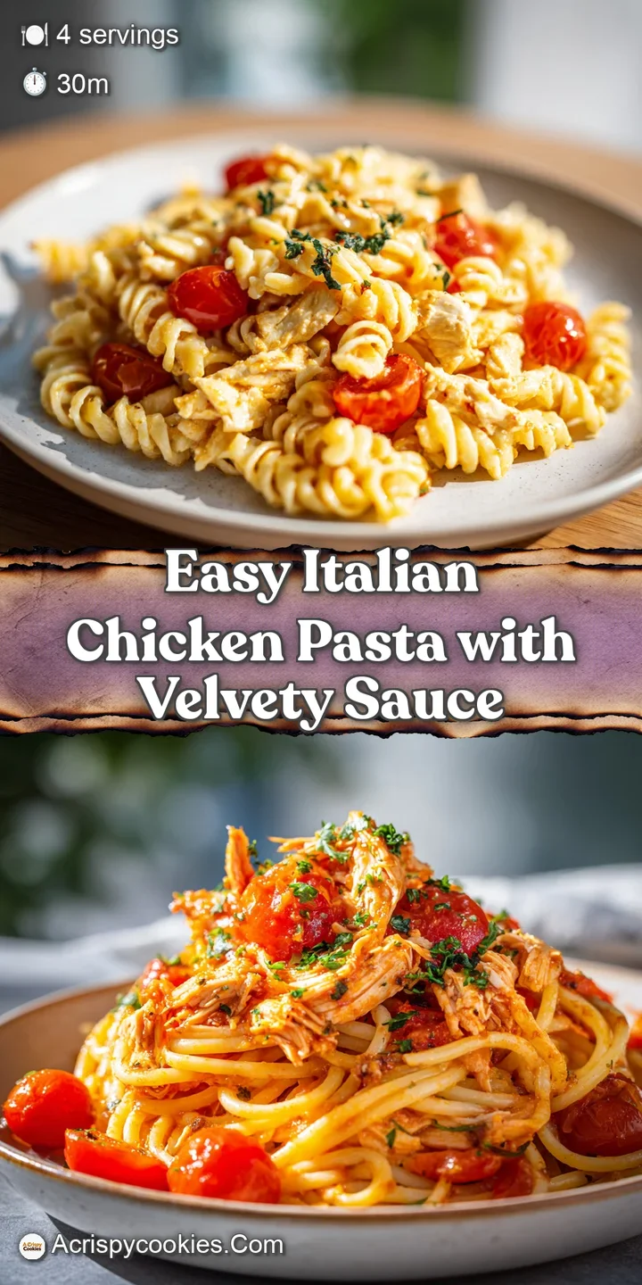 Close-up of glistening pasta coated in creamy sauce, juicy chicken pieces, and burst cherry tomatoes. Hints of fresh basil...