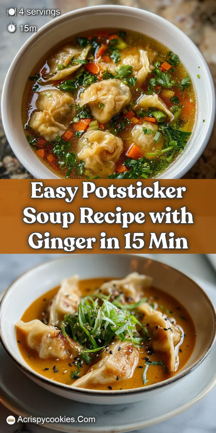 Close-up of savory potsticker soup highlighting the juicy dumpling filling, aromatic ginger, and vibrant scallions in a fl...