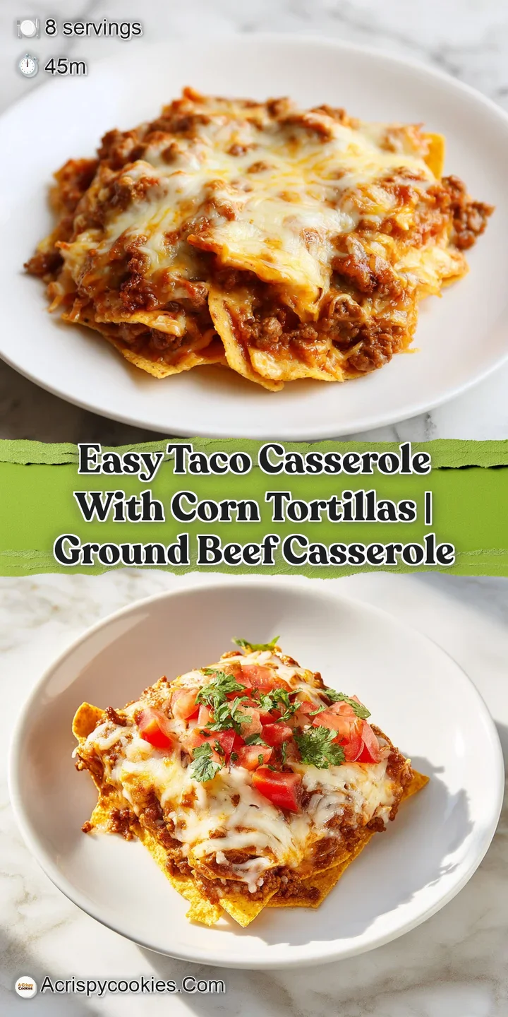 Close-up of a layered taco casserole, showing the textures of the tortillas, ground beef, melted cheese, and vibrant toppi...