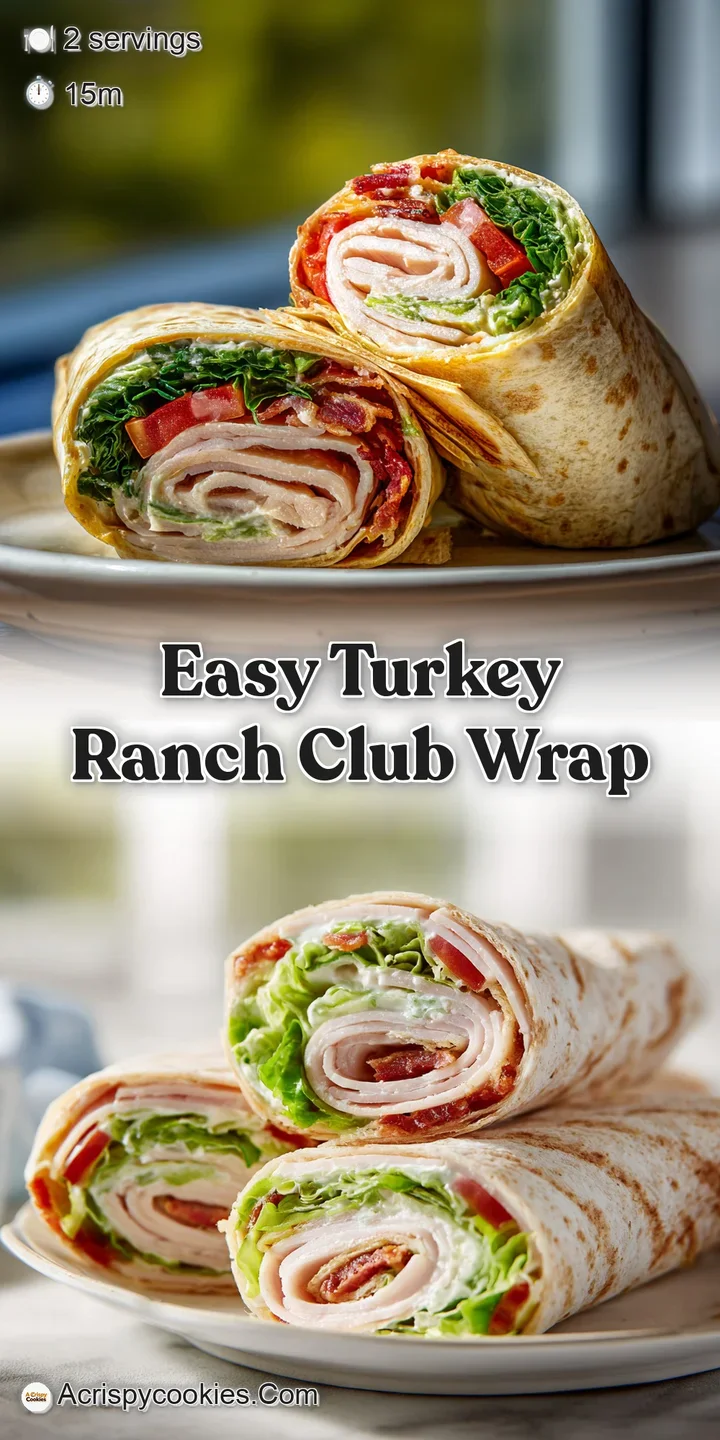 Close-up of a turkey ranch wrap showing creamy ranch dressing, layered with lettuce, tomatoes, and a generous portion of t...