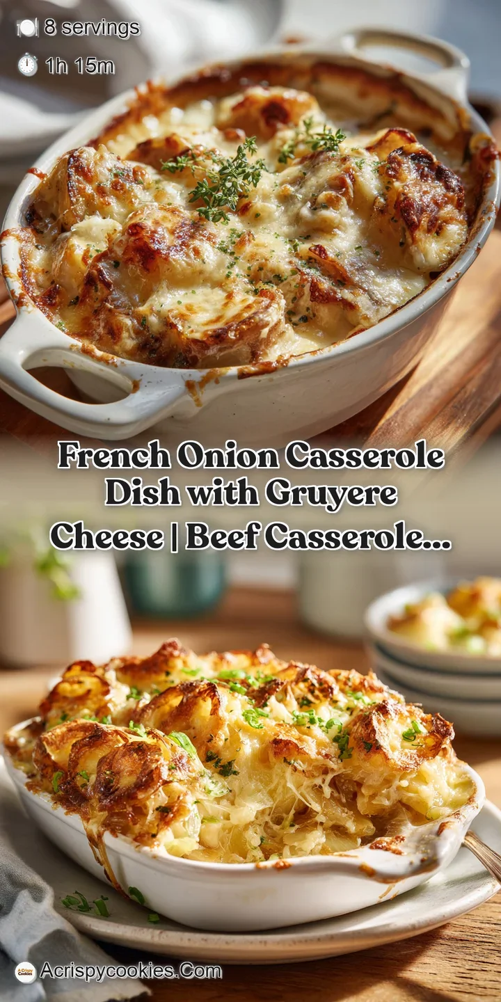 Close-up on a cheesy French onion casserole; caramelized onions peak through a layer of golden, bubbling, browned Gruyere.