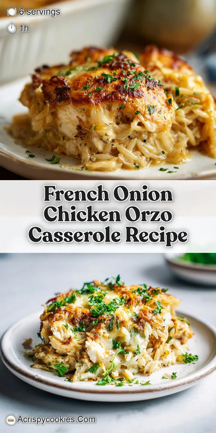 Close-up of a bubbling casserole with golden melted cheese, tender chicken, and sweet caramelized onions. Creamy orzo is v...