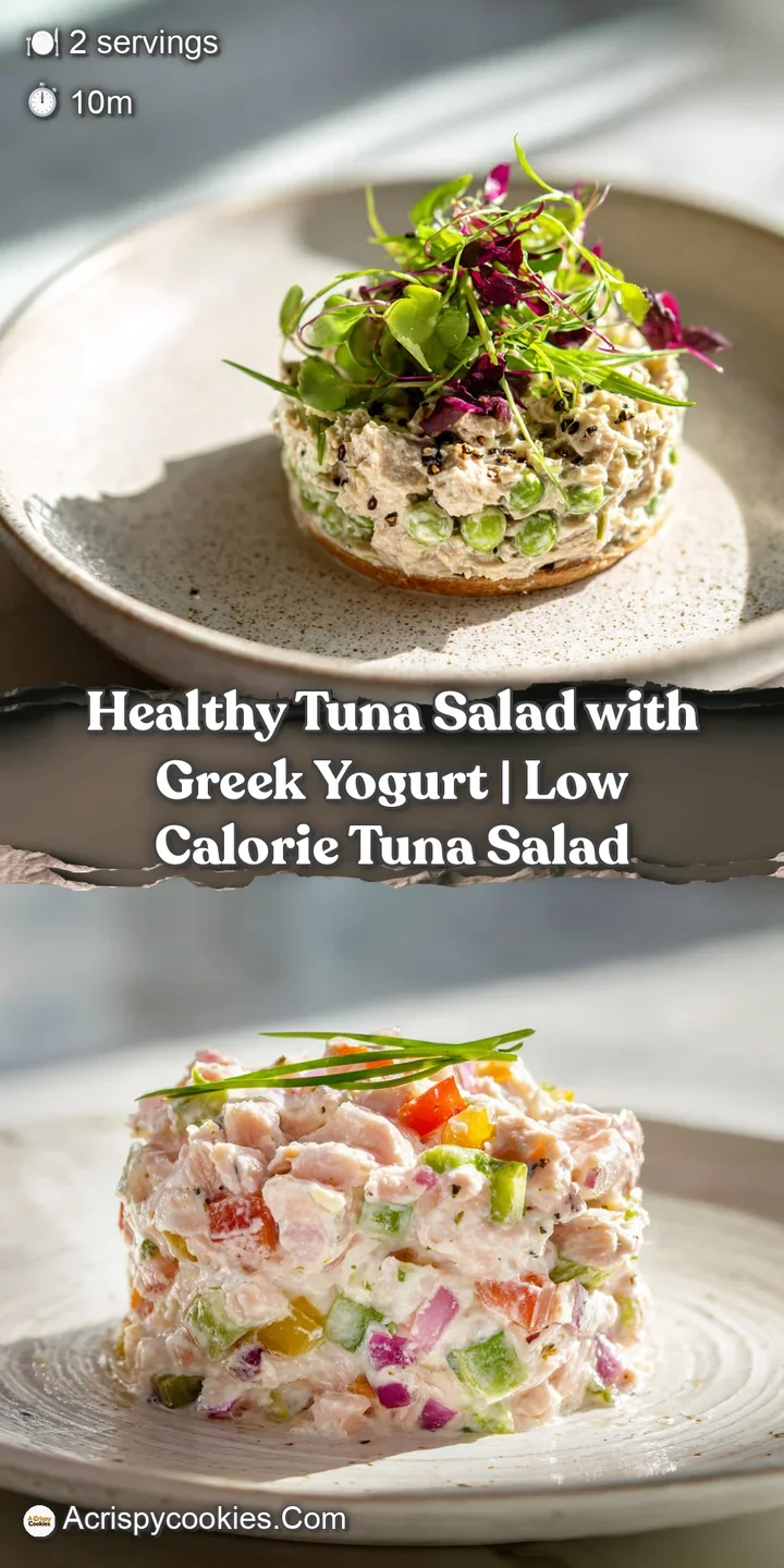 Close-up of tuna salad: creamy white yogurt dressing glistening against flaky tuna, dotted with bright bits of celery and ...