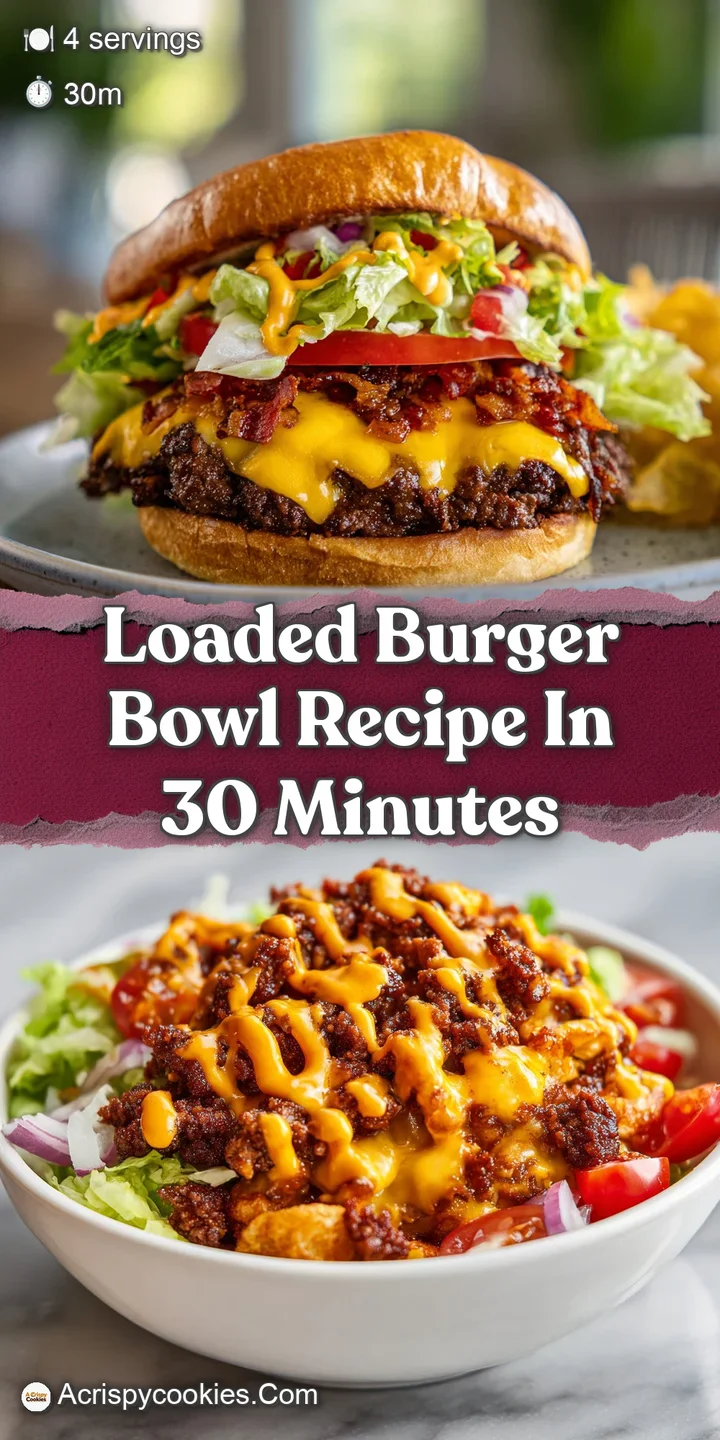 Close-up of a loaded burger bowl: seasoned beef, melted cheese, and fresh toppings create a mouthwatering, textured compos...