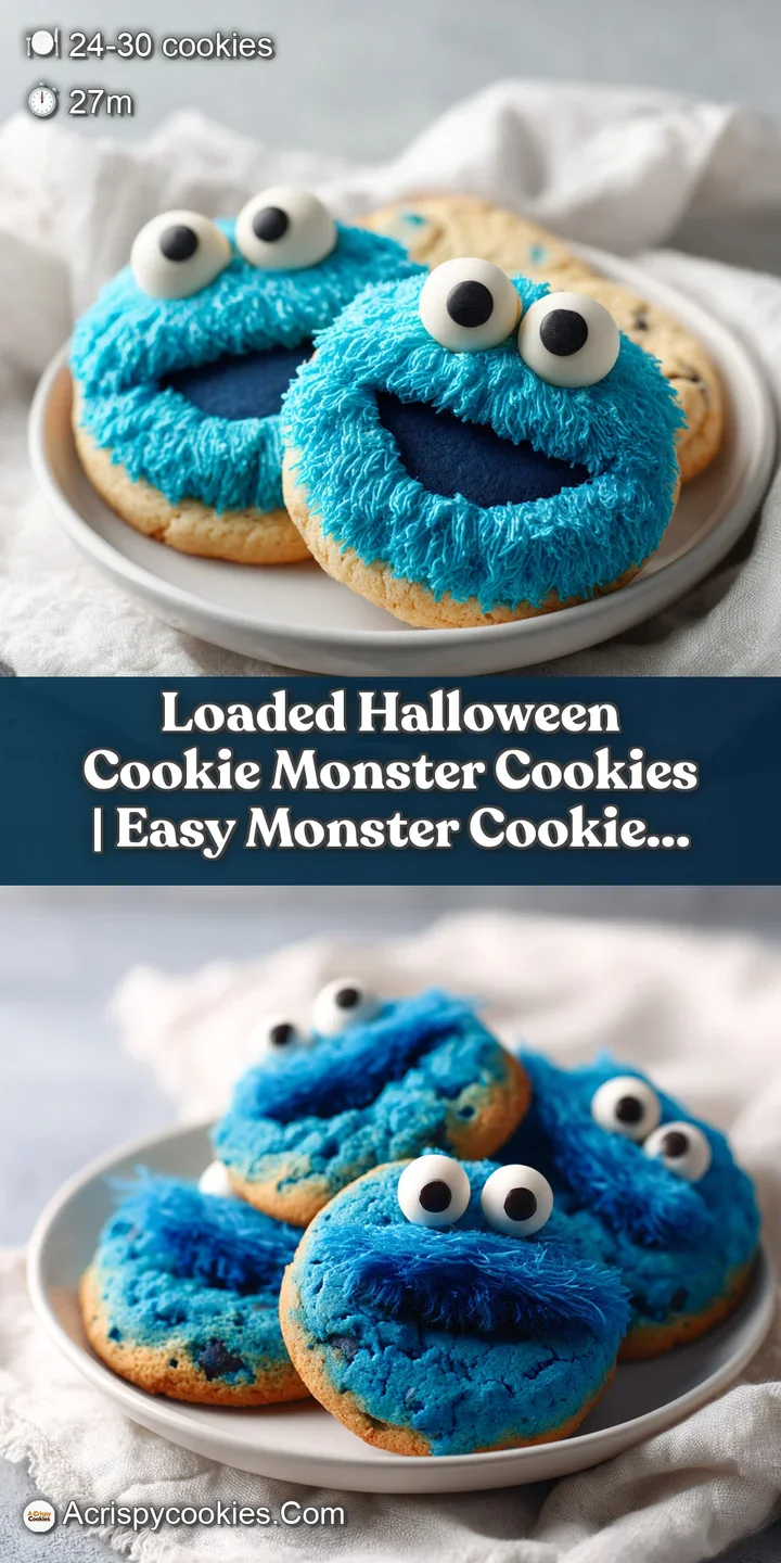 Close-up of a giant, fluffy blue cookie with melted chocolate chips and mischievous candy eyes.