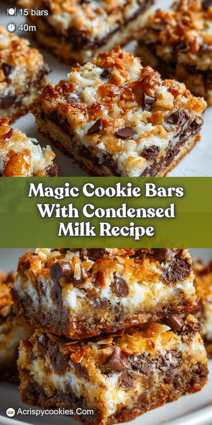 Close-up of a warm magic cookie bar with visible layers of melted chocolate, shredded coconut, and crunchy pecans, oozing ...