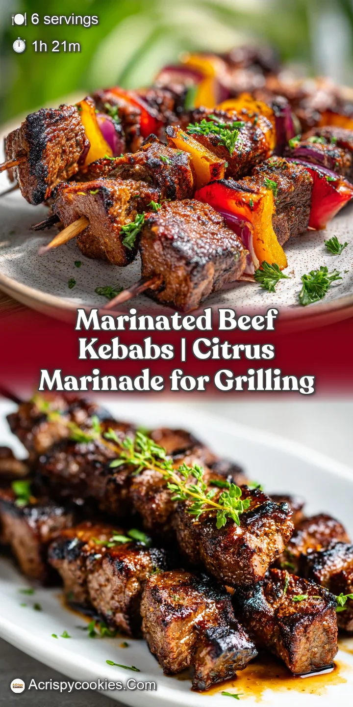 Close-up reveals juicy, glistening marinated beef chunks on a skewer. Vibrant peppers and onions show char and caramelized...