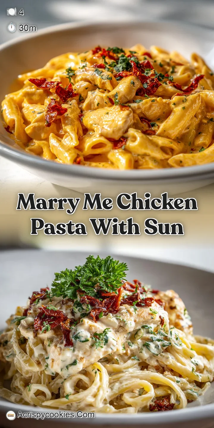 Close-up on glistening pasta coated in a rich, creamy sauce with tender chicken pieces and bursts of red from the sun-drie...