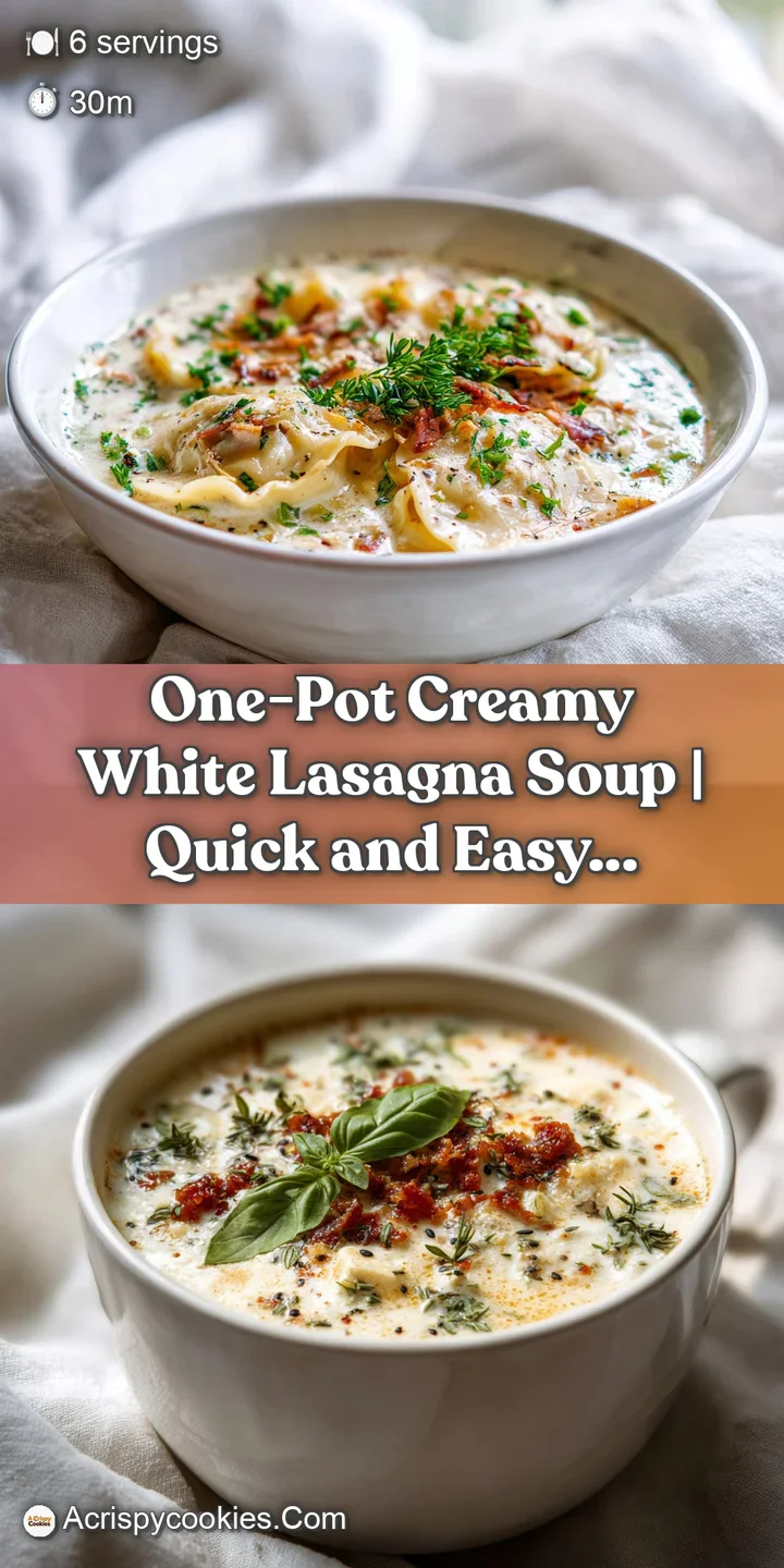 Close-up of creamy white lasagna soup, showing layered pasta sheets and savory broth with cheese.