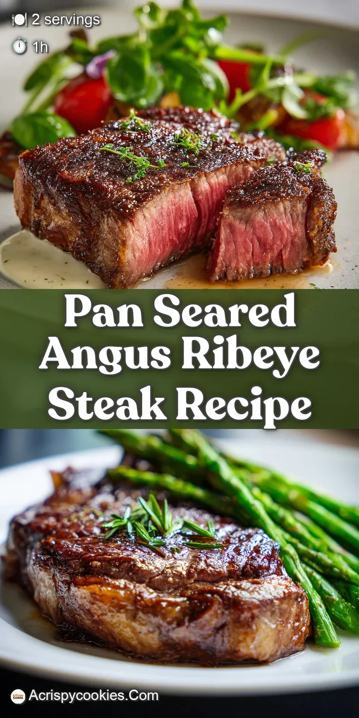 Close-up of a juicy ribeye steak. Dark, crusty sear gives way to a pink center. Coarse salt and pepper visible.