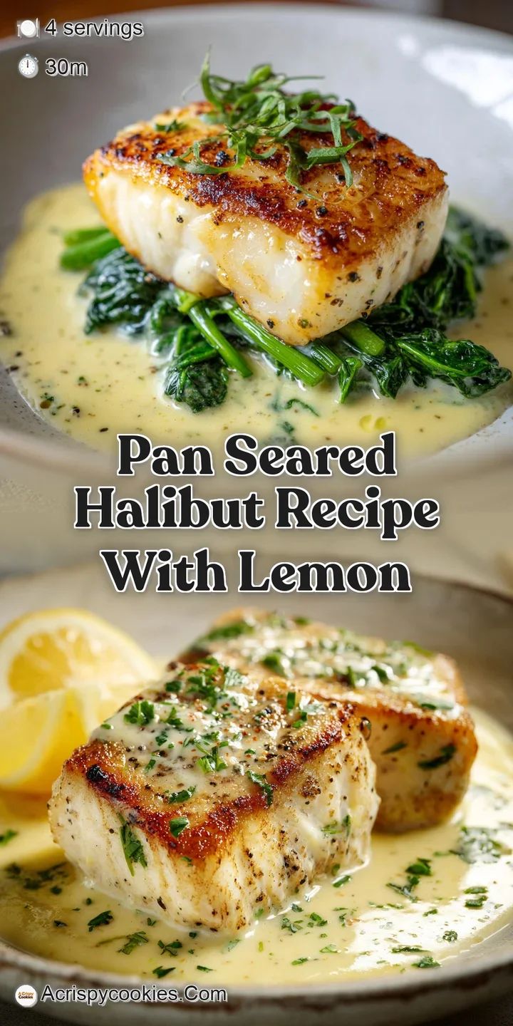 Appetizing close-up of pan-seared halibut, showcasing its delicate, browned crust and moist, flaky interior, enhanced by a...