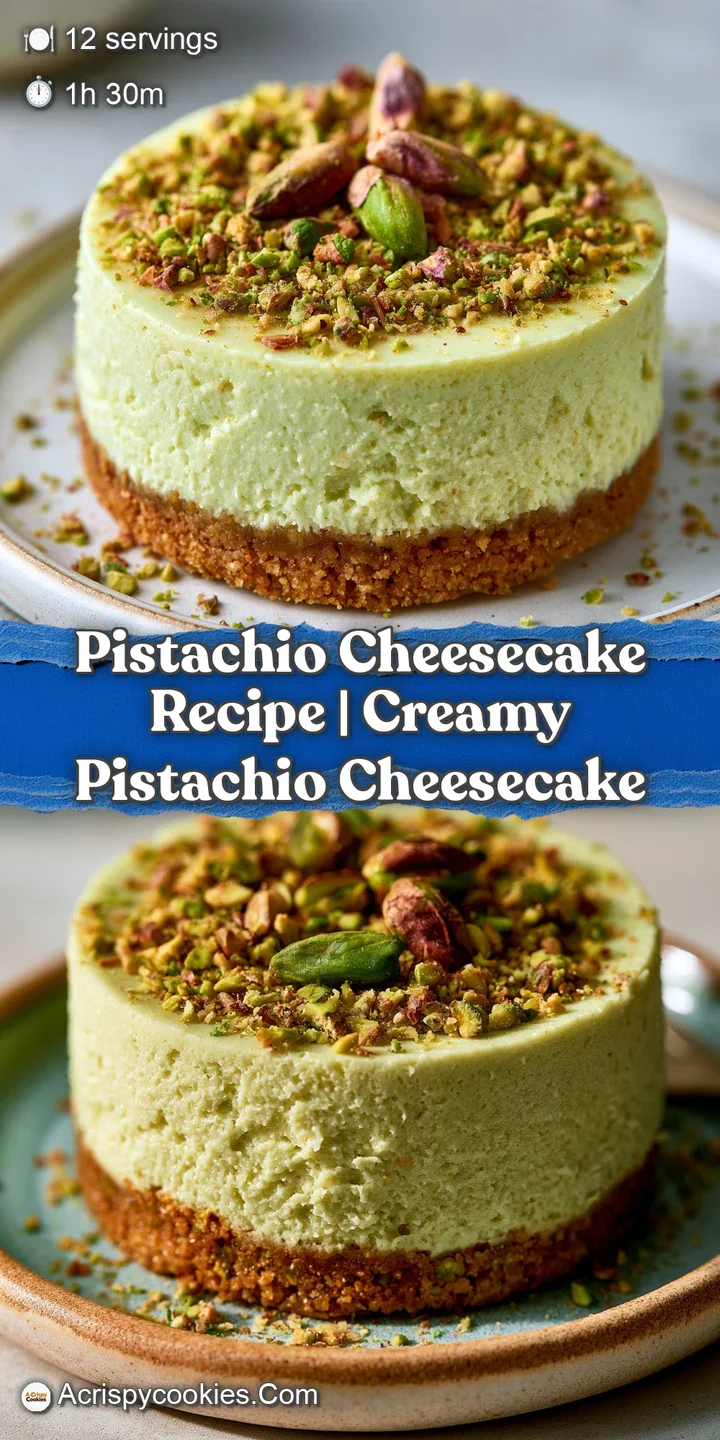 Close-up of a velvety smooth green cheesecake texture with vibrant crushed pistachios scattered across the top.