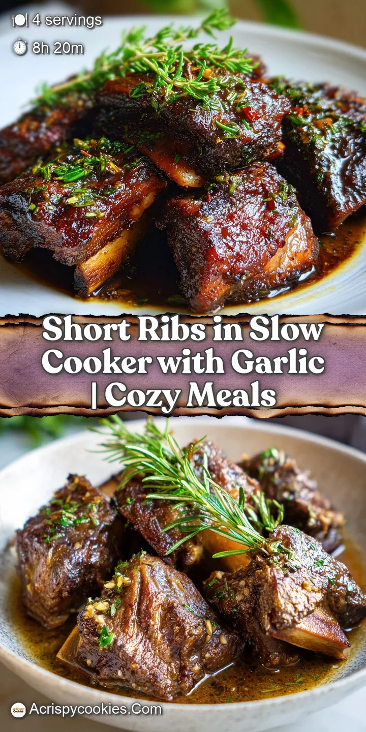 Close-up reveals the fork-tender texture of braised short ribs. Deep mahogany color and shimmering glaze indicate a rich, ...