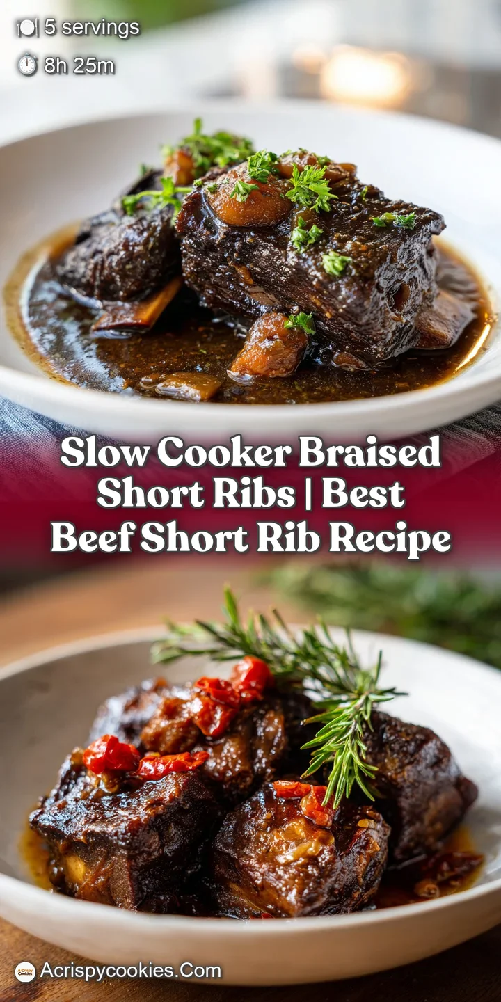 Close-up of a braised short rib, showcasing the tender, juicy meat and deeply browned crust. Rich sauce clings to the surf...