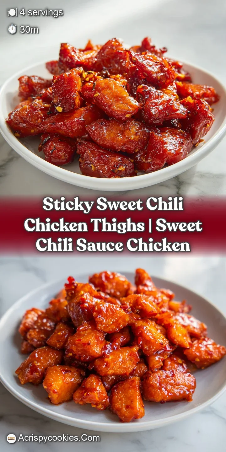Close-up of succulent chicken bites coated in a sticky, translucent red glaze with a sprinkle of white sesame seeds.