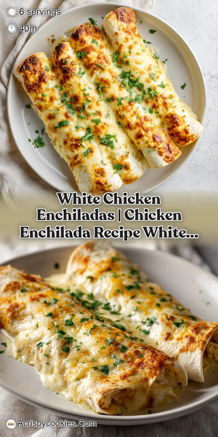 A close-up view of a bubbling white chicken enchilada, showcasing its tender filling peeking through melted, golden-brown ...