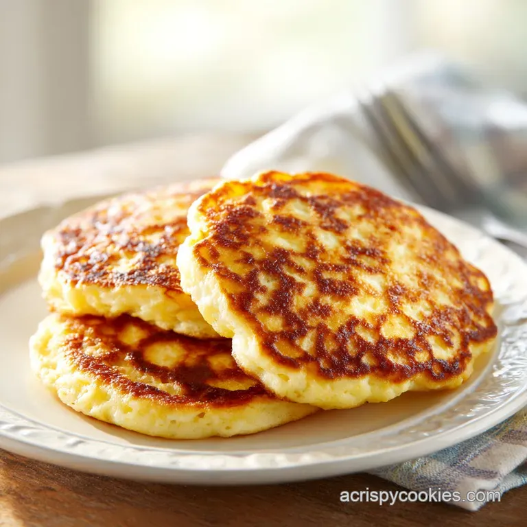 Delicate golden pancakes artfully arranged on a white plate, drizzled with syrup and topped with vibrant berries.