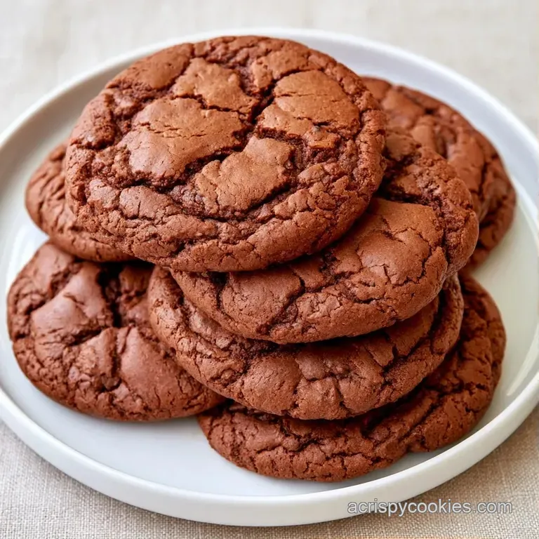 A stack of rich cocoa cookies on a white ceramic plate paired with a glass of cold milk and a fresh mint leaf.