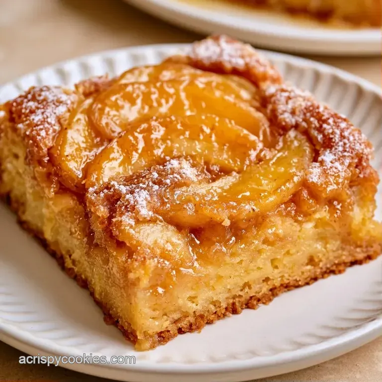 A single square of spiced fruit tart topped with powdered sugar and a dollop of cream on a white ceramic plate.