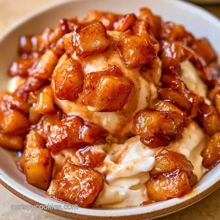 Two elegant scoops of spiced cream topped with caramelized apple chunks and a dusting of cinnamon on a white plate.