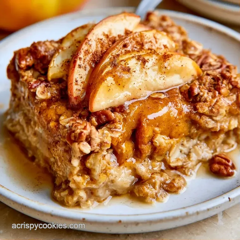 A thick slice of orange-hued baked oats topped with a drizzle of maple syrup and a sprinkle of ground cinnamon.