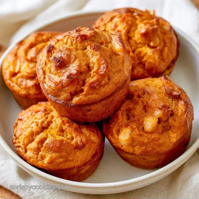 Warm, orange-hued muffins stacked on a white ceramic plate, dusted with cinnamon and paired with a soft linen napkin.