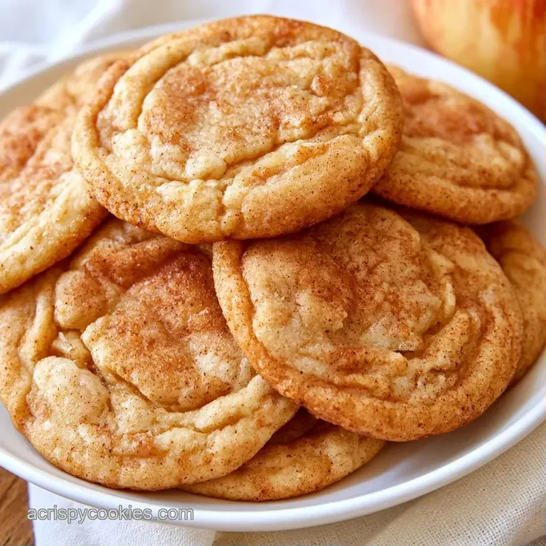 A neat stack of soft, cinnamon-dusted cookies on a white ceramic plate beside a crisp, fresh apple slice.