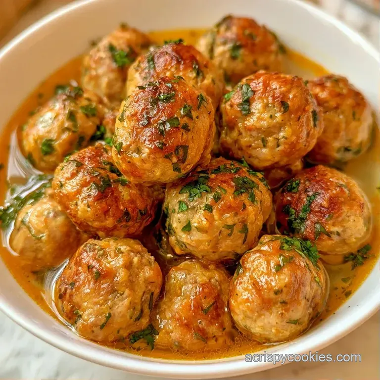 Elegant bowl of golden broth cradling plump meatballs, carrot coins, and soft onion, finished with bright chopped herbs.