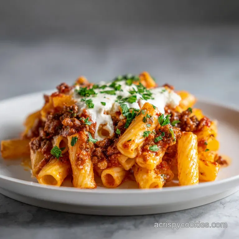 A generous serving of baked ziti, steam rising, sits on a white plate; basil garnish adds a pop of vibrant green against t...