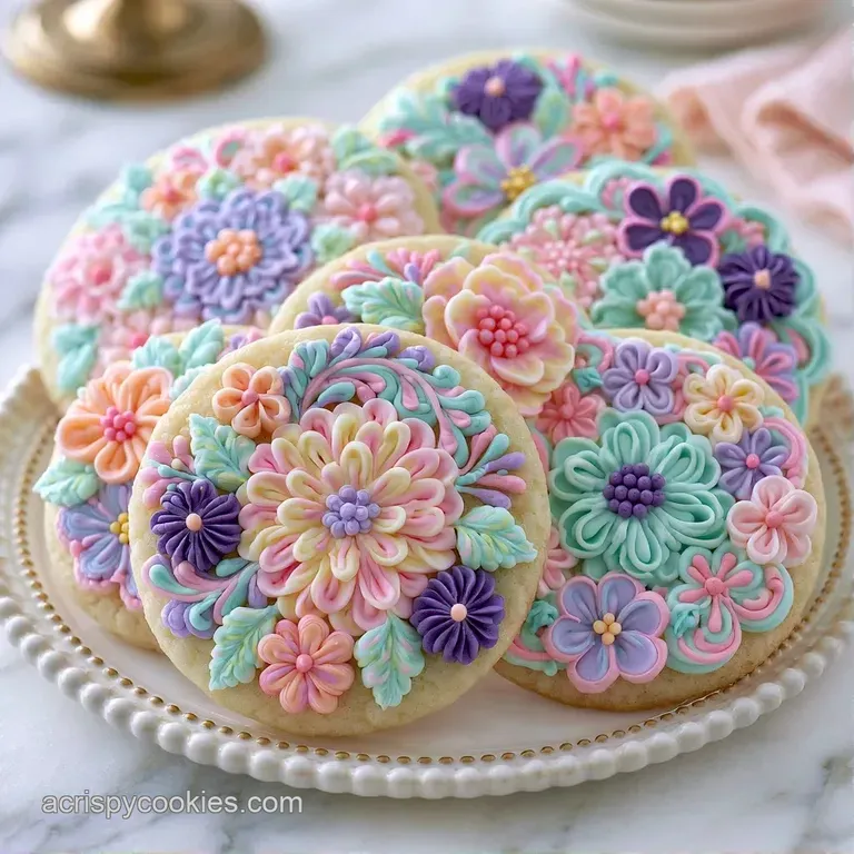 A tiered porcelain stand displaying pastel flower cookies arranged with fresh sprigs of mint and edible blossoms.