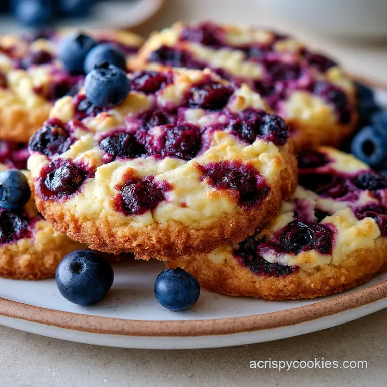 A stack of soft, golden cookies on a marble slab, garnished with fresh blueberries and a dusting of white sugar.