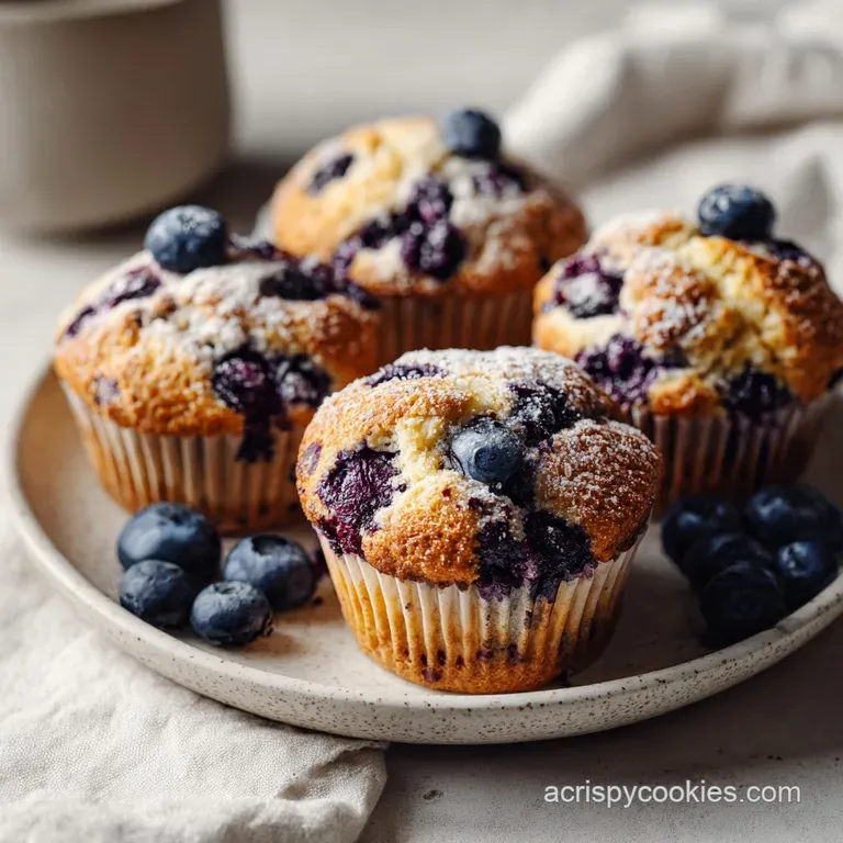 A single, tender muffin sits elegantly on a white plate, dusted with powdered sugar and a scattering of fresh blueberries.