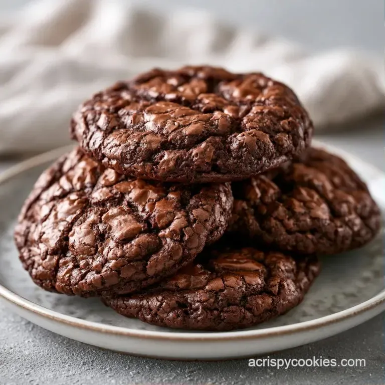 A neat stack of fudgy chocolate disks dusted with powdered sugar on a white ceramic plate with a fresh mint leaf.