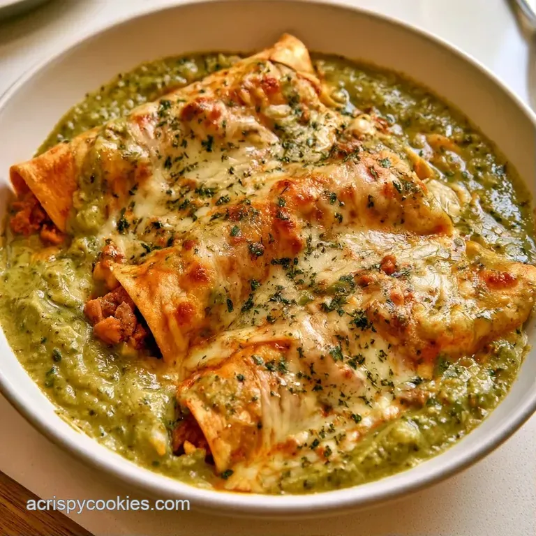Rolled tortillas on a white plate, green salsa verde pooling beneath, sour cream swirled and cilantro sprinkled over top.