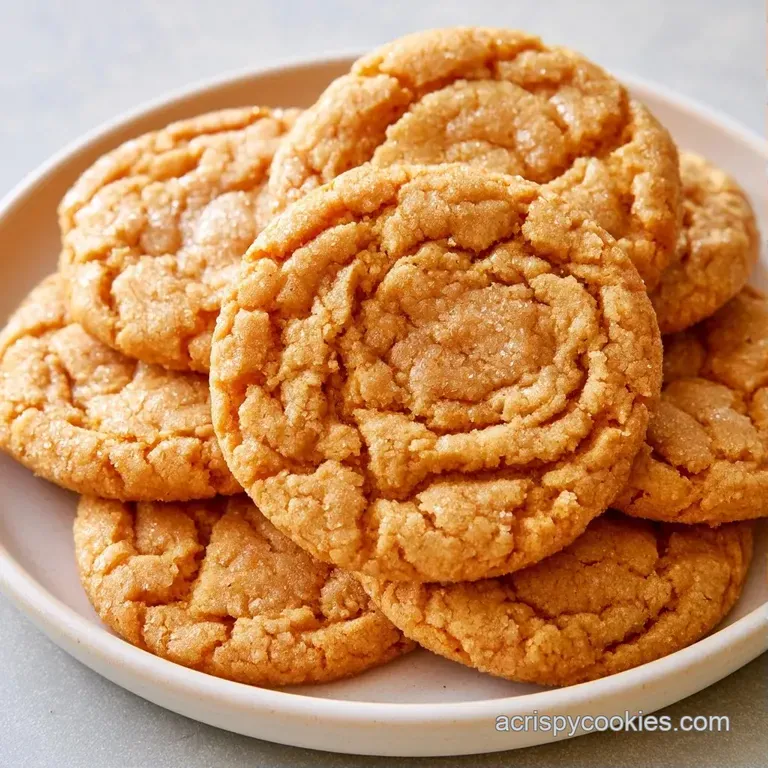 Three amber-colored cookies stacked neatly on a white marble plate, dusted with a hint of flaky sea salt.