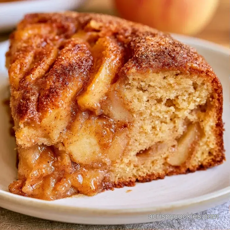 A slice of warm spiced cake on a white ceramic plate, topped with a dollop of cream and a dust of cinnamon.