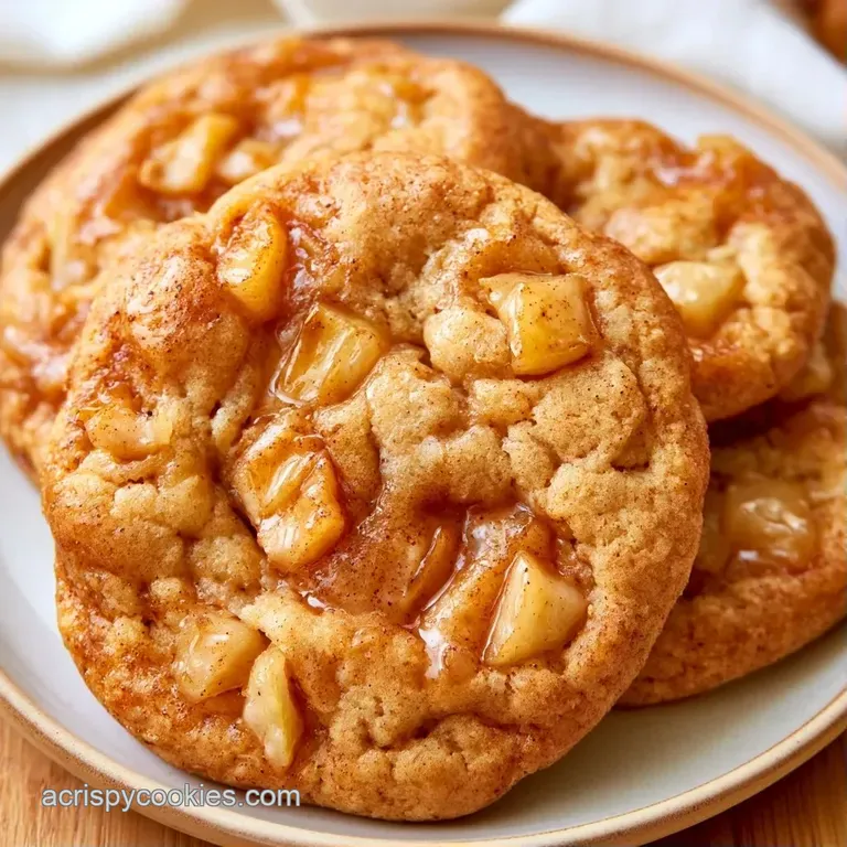 Three golden-brown cookies stacked neatly on a ceramic plate, garnished with a cinnamon stick and fresh apple slices.