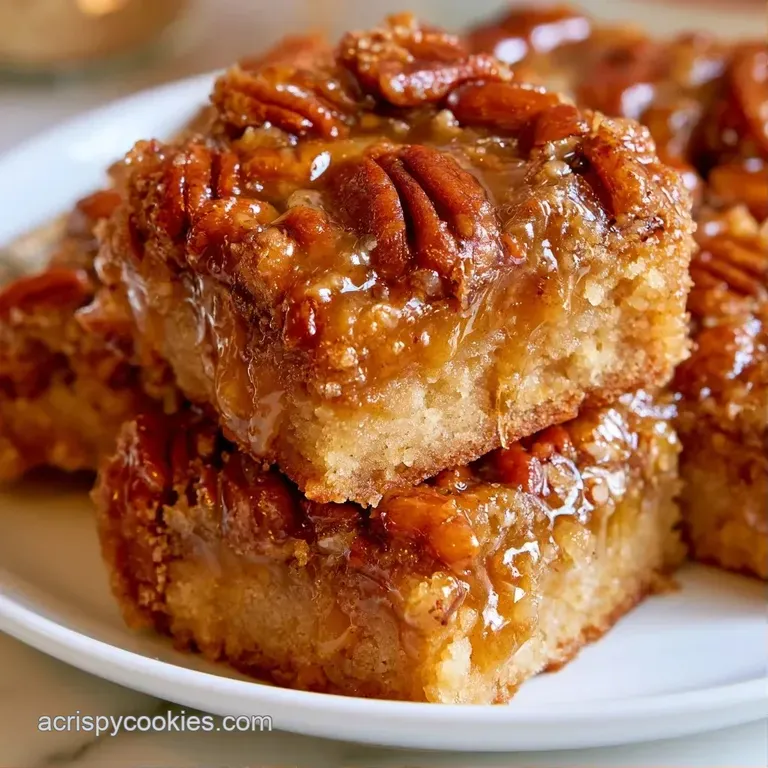 A neat square of caramelized nut bars dusted with powdered sugar and paired with a dollop of fluffy whipped cream.