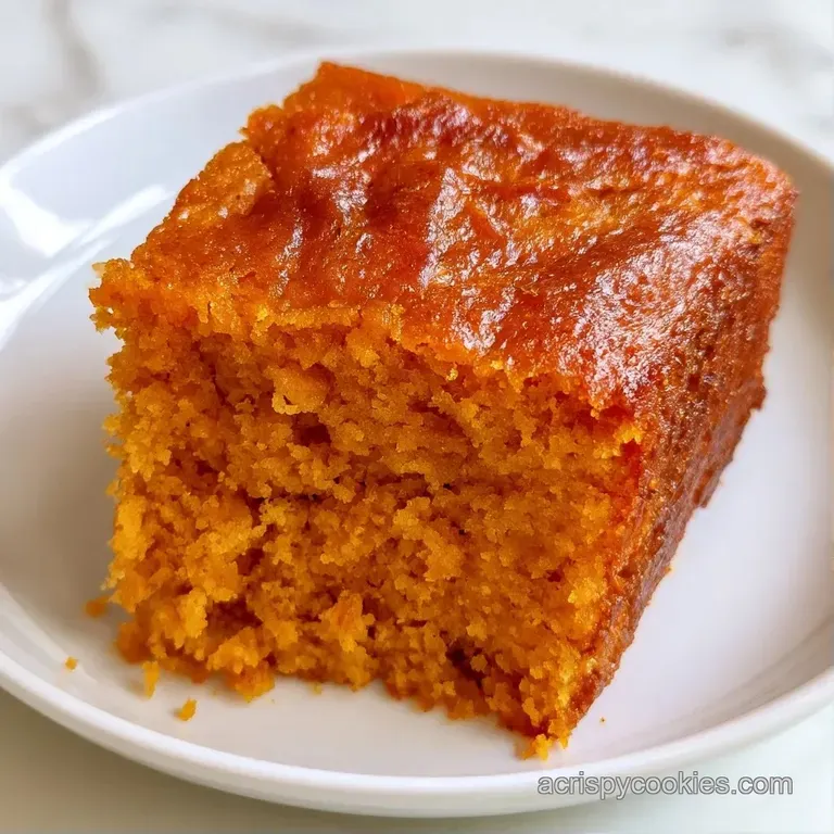 A slice of golden orange cake on a matte black plate, topped with a swirl of white cream and a sprinkle of cinnamon.